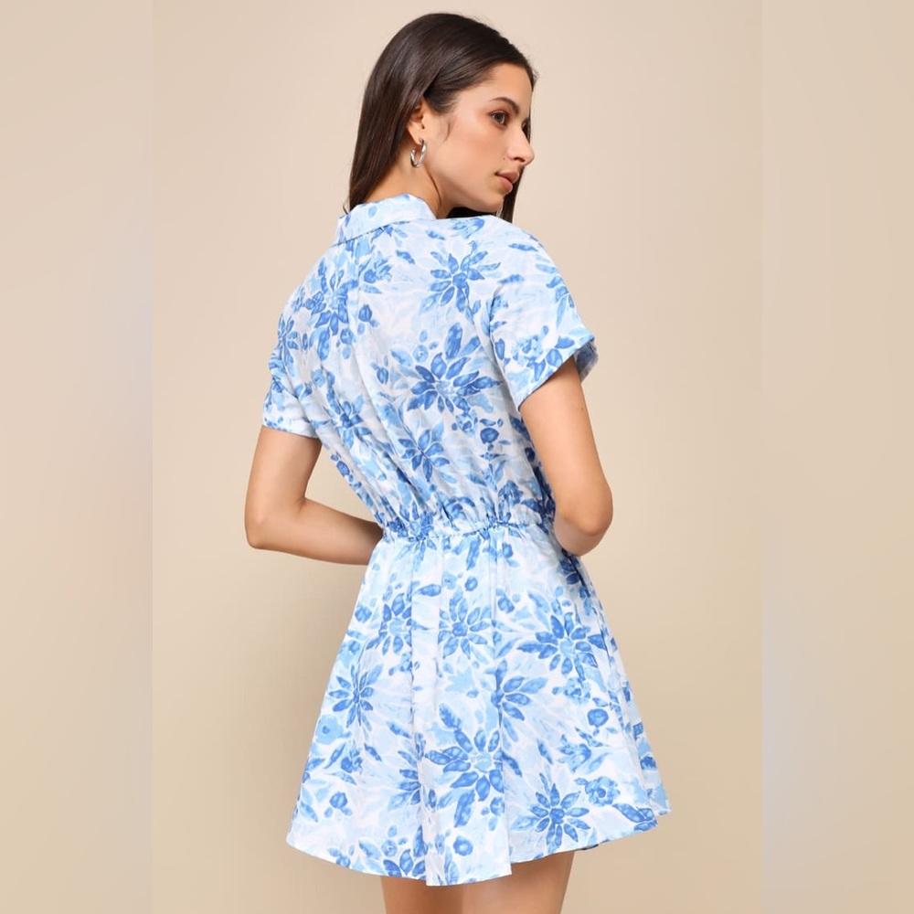 Lulus Sunny Charisma Blue Floral Button-Up Mini Dress With Pockets - Picture 2 of 3